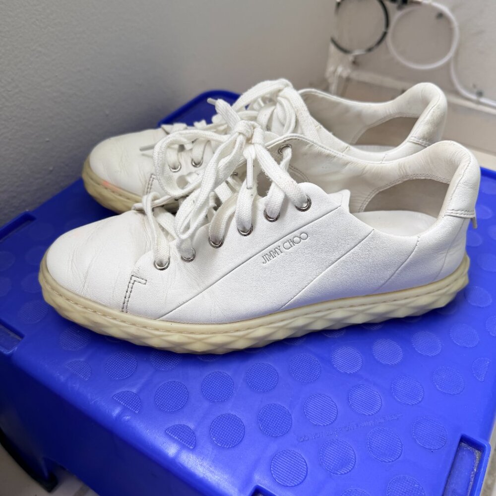 Jimmy Choo Diamond Sole Low Top Sneakers White Leather Womens US 8 EU 39